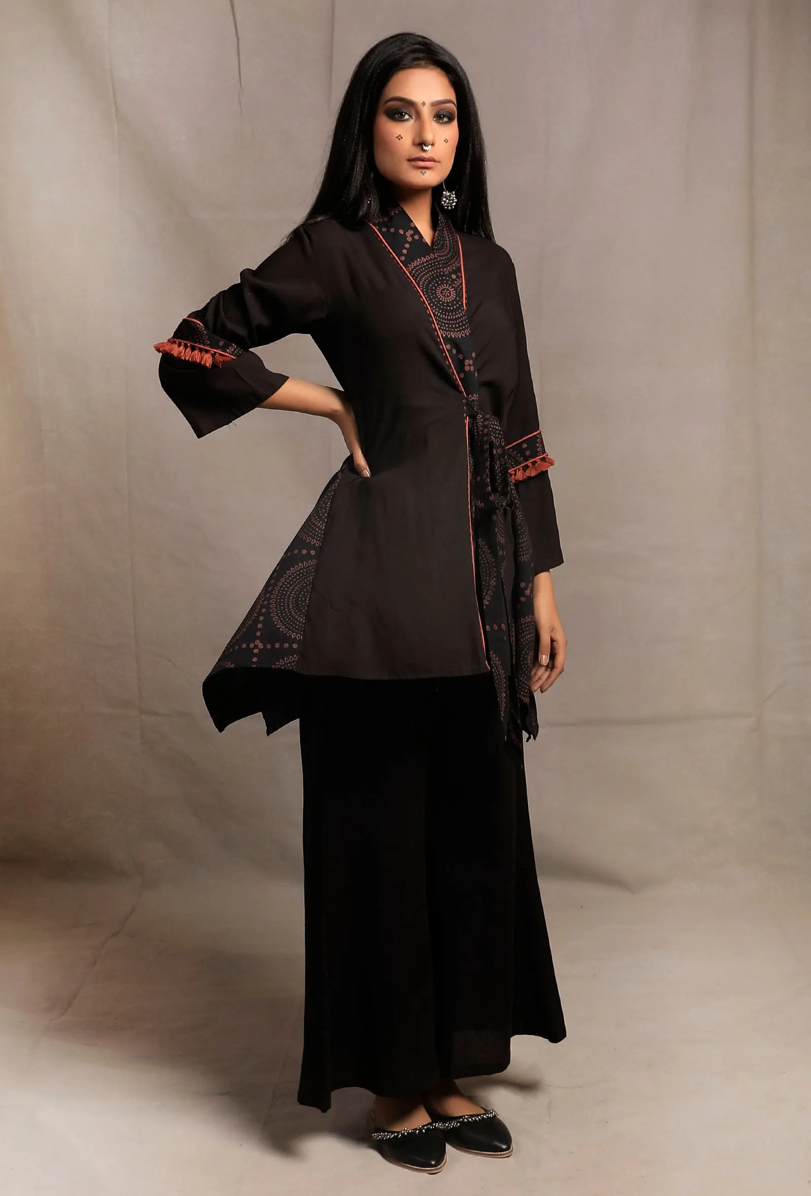 Set of 2: Black Asymmetrical Front Tie Robe with Black palazzo Pants