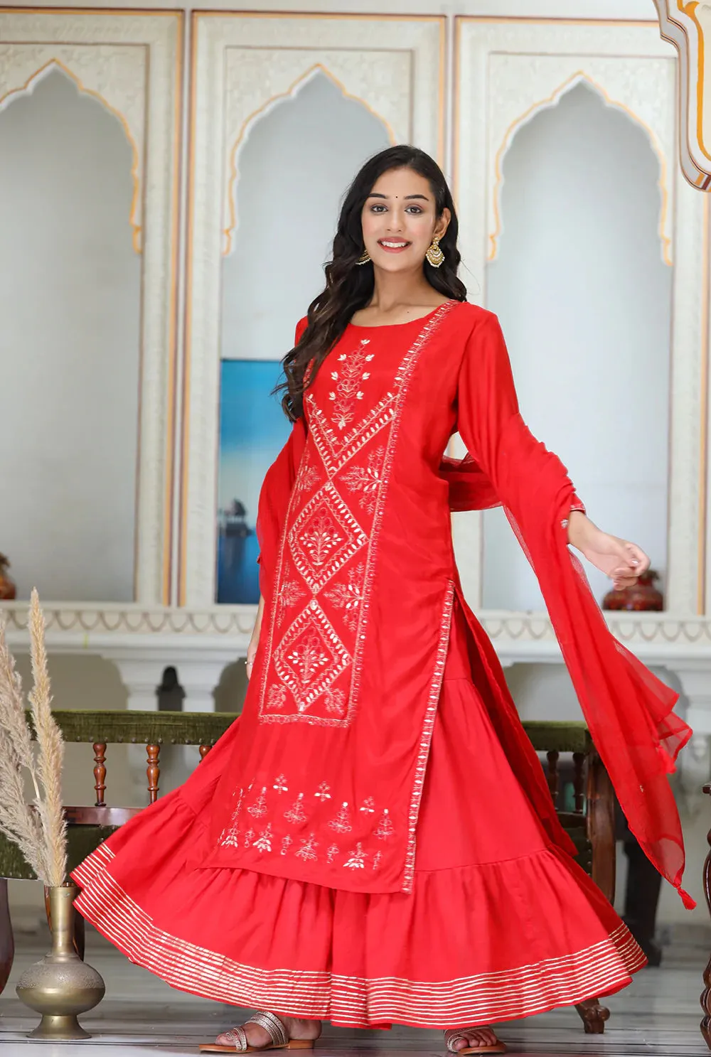 Silk Red Zari Embroidered Sharara Set with Kota Doria Dupatta