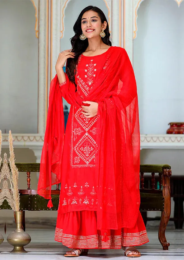 Silk Red Zari Embroidered Sharara Set with Kota Doria Dupatta