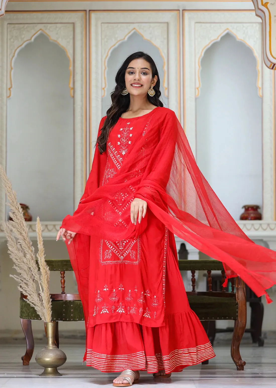 Silk Red Zari Embroidered Sharara Set with Kota Doria Dupatta