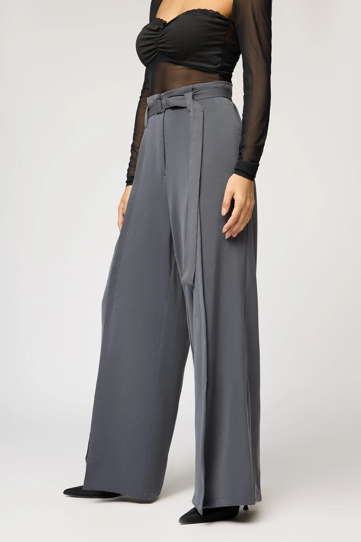 Silken Grey Belted Flared Korean Pants