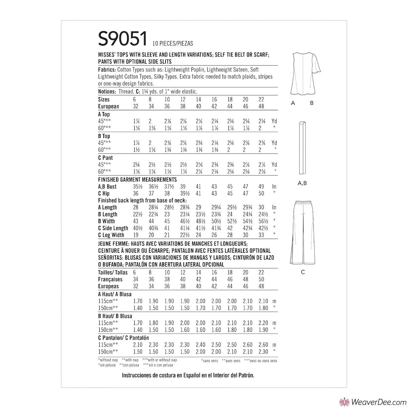 Simplicity Pattern S9051 Misses' Tops, Belt or Scarf & Trousers