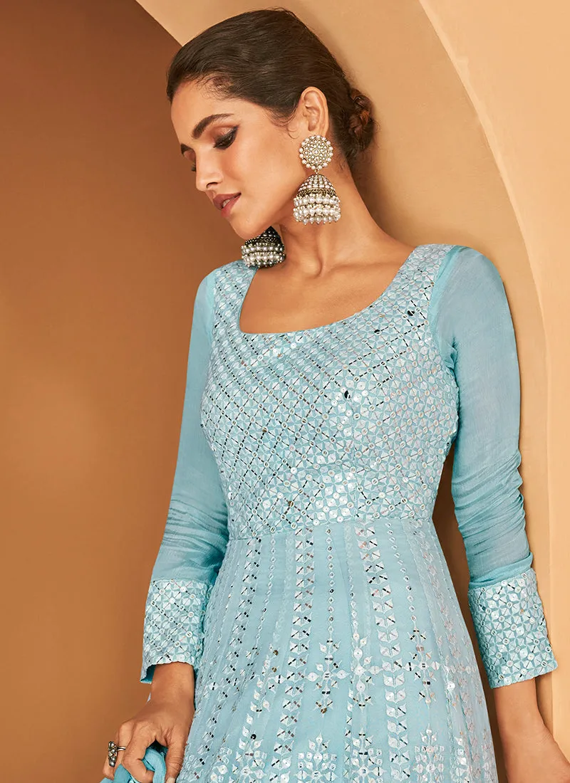 Sky Blue Sequence Embroidery Wedding Anarkali Gown