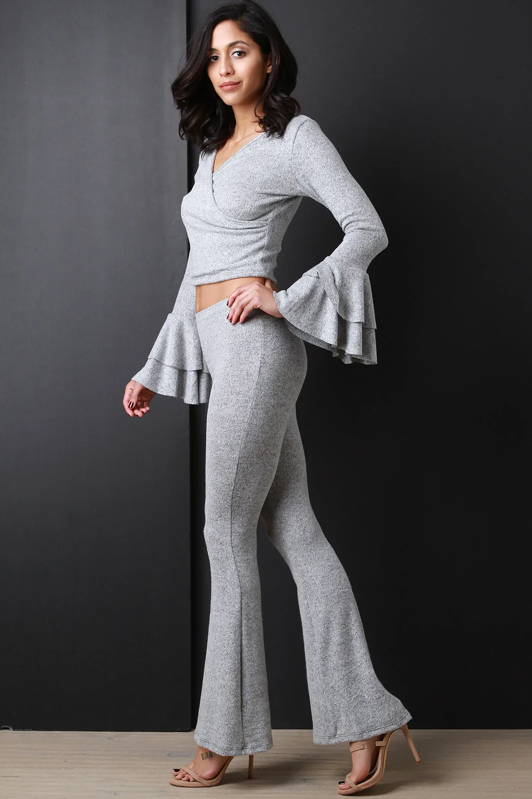 Soft Marled Knit Crop Top With High Waisted Flared Pants