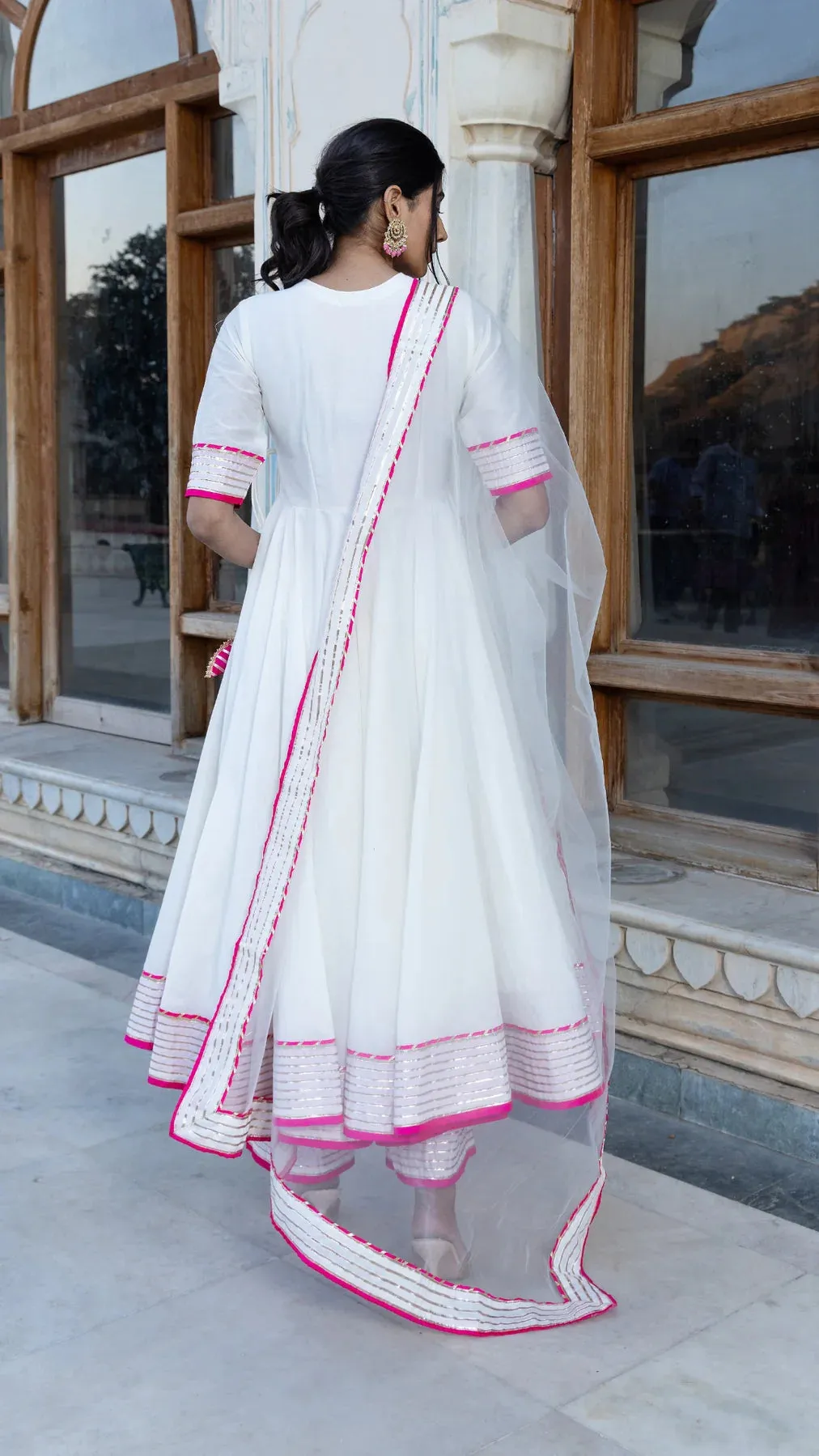 Solid White Cotton Silk Lace Detailing Angrakha Anarkali Set with Soft Net Dupatta