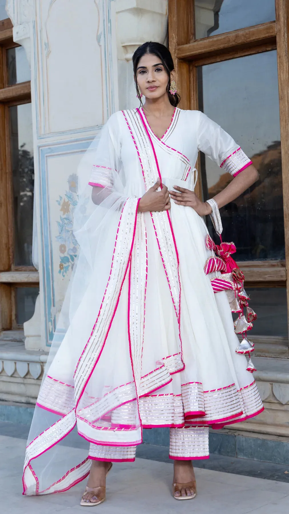 Solid White Cotton Silk Lace Detailing Angrakha Anarkali Set with Soft Net Dupatta