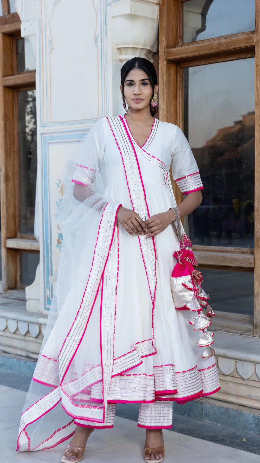 Solid White Cotton Silk Lace Detailing Angrakha Anarkali Set with Soft Net Dupatta