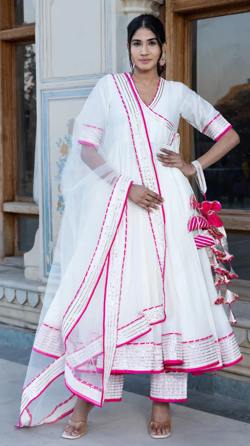 Solid White Cotton Silk Lace Detailing Angrakha Anarkali Set with Soft Net Dupatta