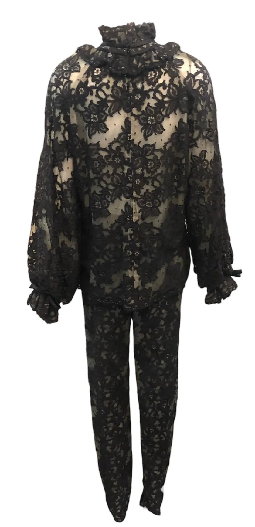 Swinging 60s Black Lace Pantsuit with Nude Underlay