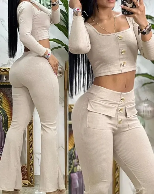 Trendy Crop Top And High Waist Flared Pants Set