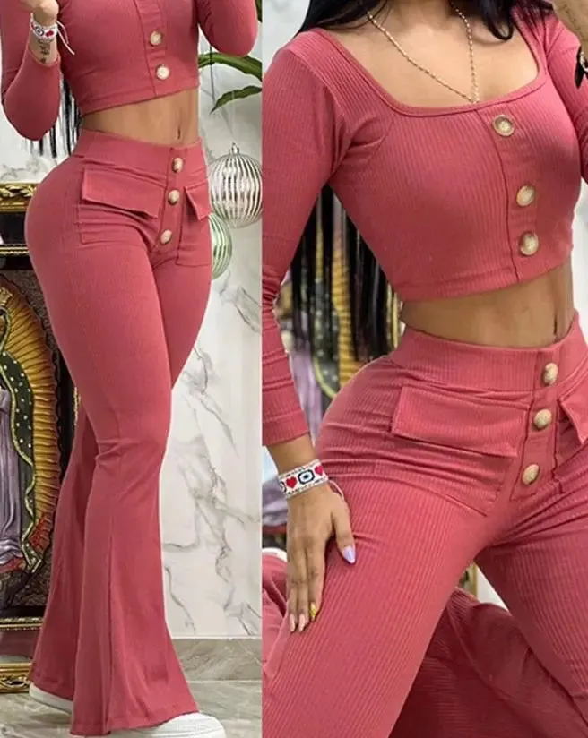 Trendy Crop Top And High Waist Flared Pants Set