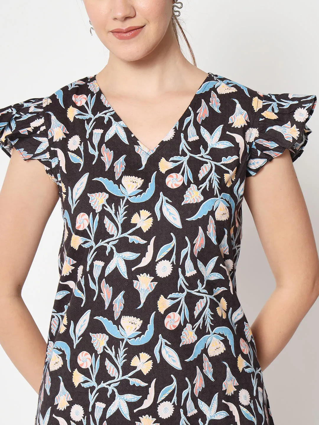 V-Neck Flutter Sleeves Floral Printed Top