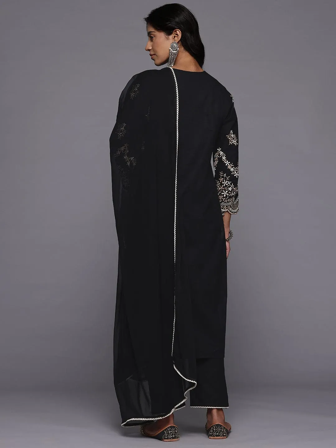 Varanga Women Black Floral Thread Embroidered Straight Kurta With Trousers And Dupatta