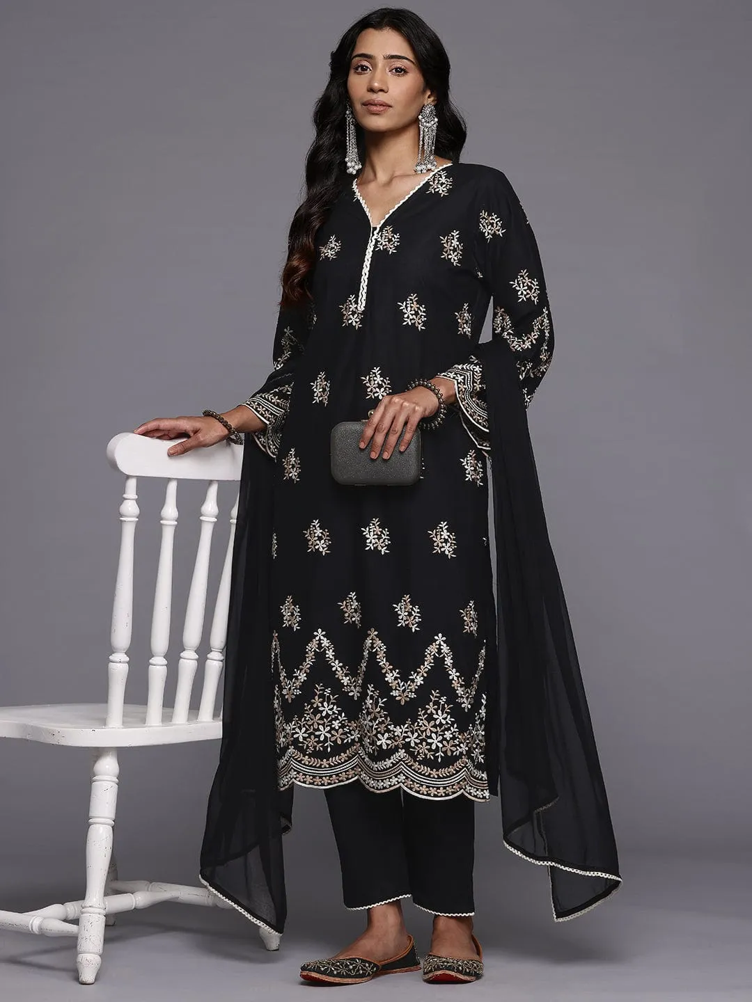 Varanga Women Black Floral Thread Embroidered Straight Kurta With Trousers And Dupatta