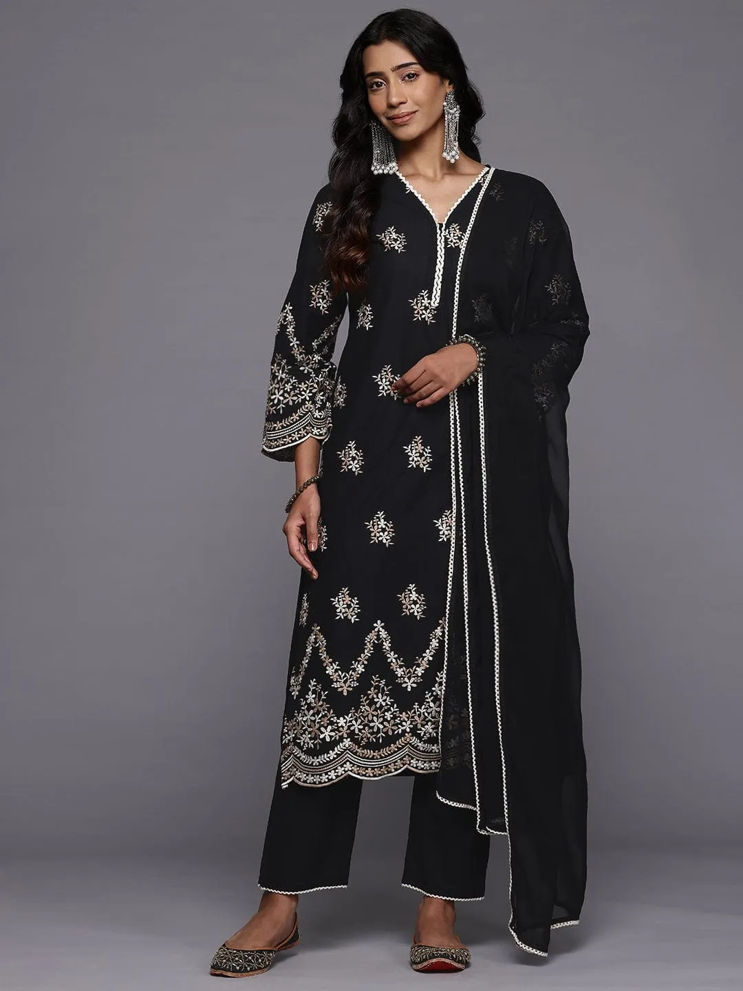 Varanga Women Black Floral Thread Embroidered Straight Kurta With Trousers And Dupatta