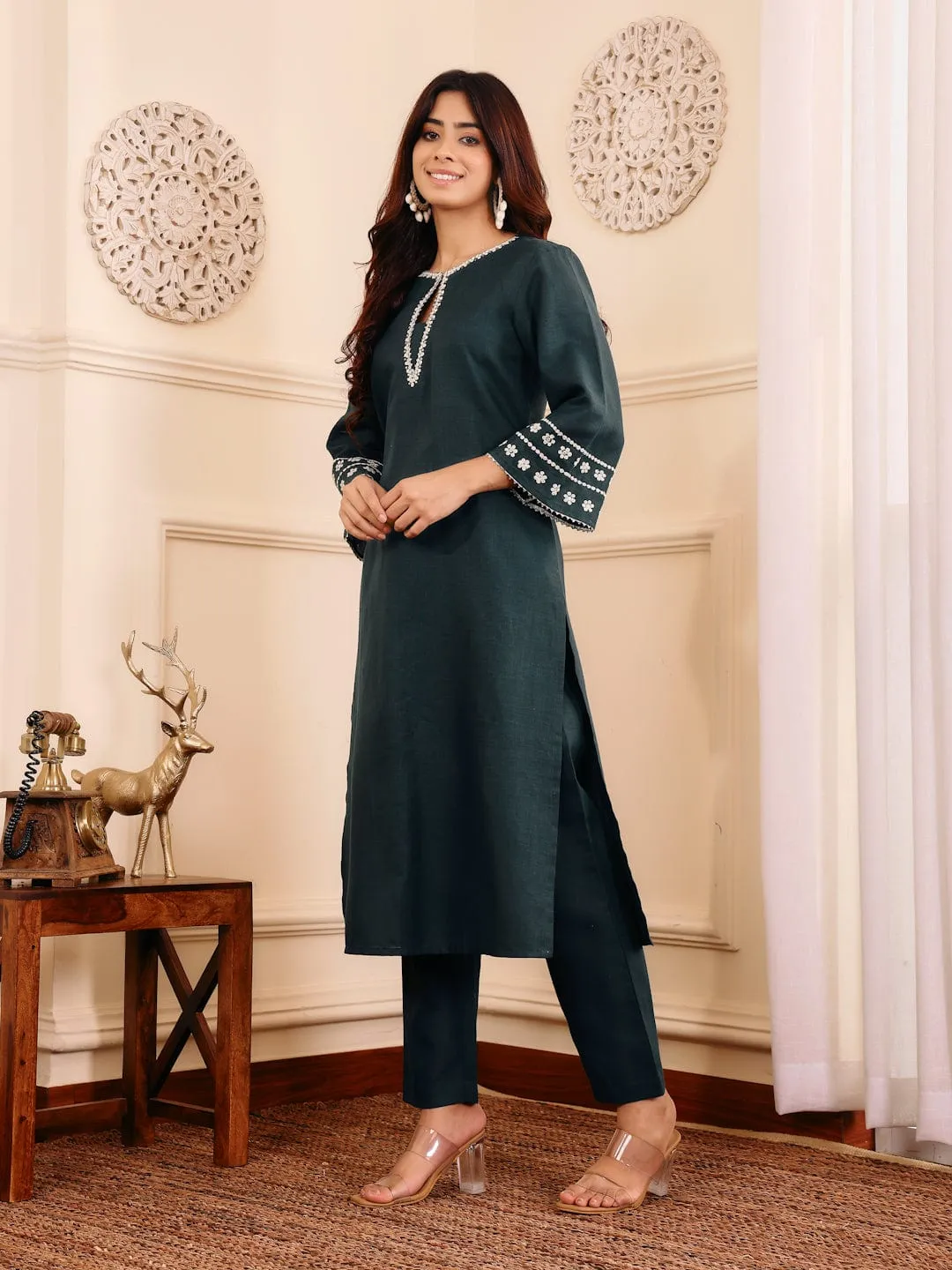 Varanga Women Bottle Green Embroidered Kurta Set