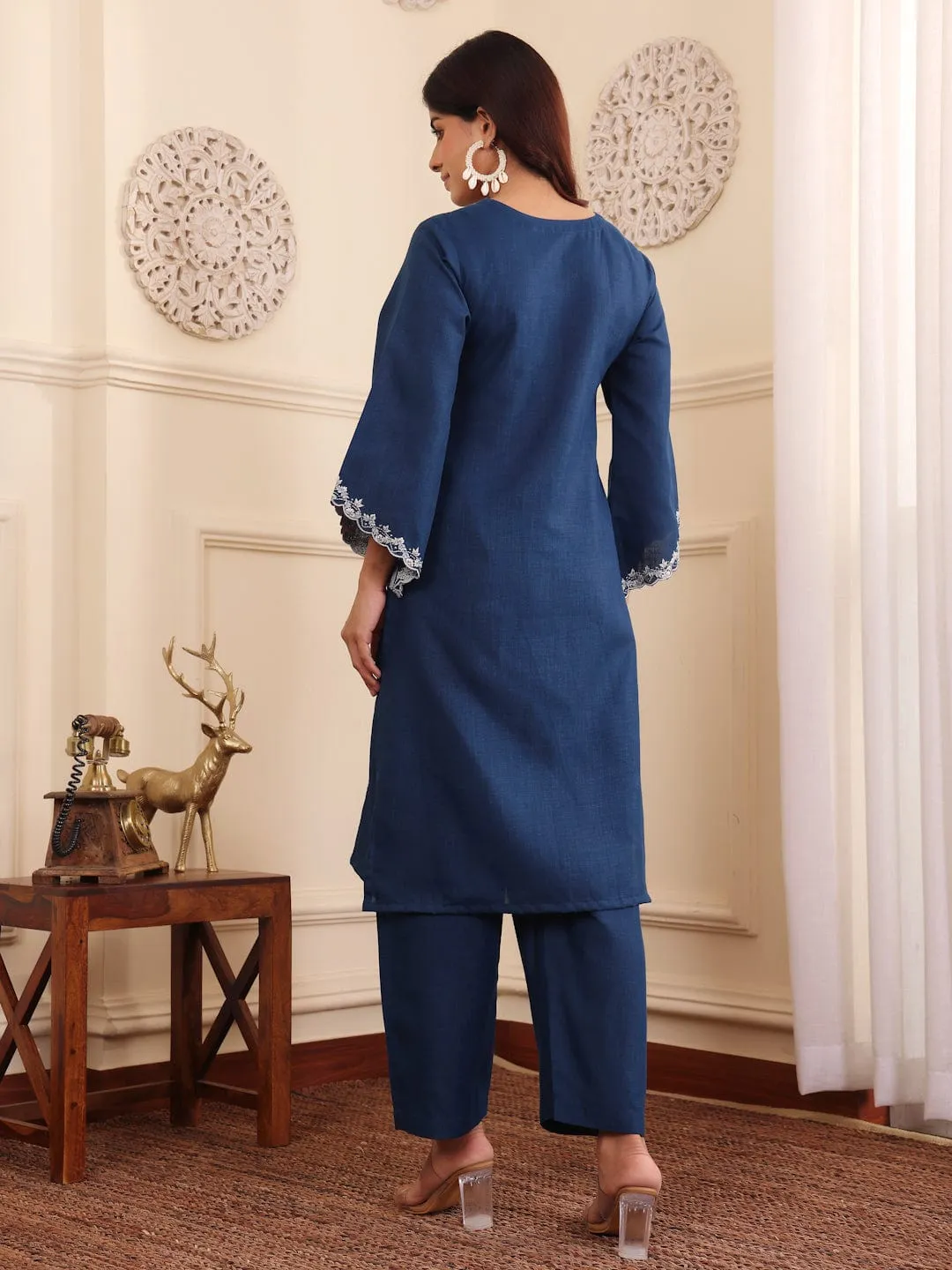 Varanga Women Navy Blue Floral Thread And Zari Embroidered Panelled Kurta With Trousers