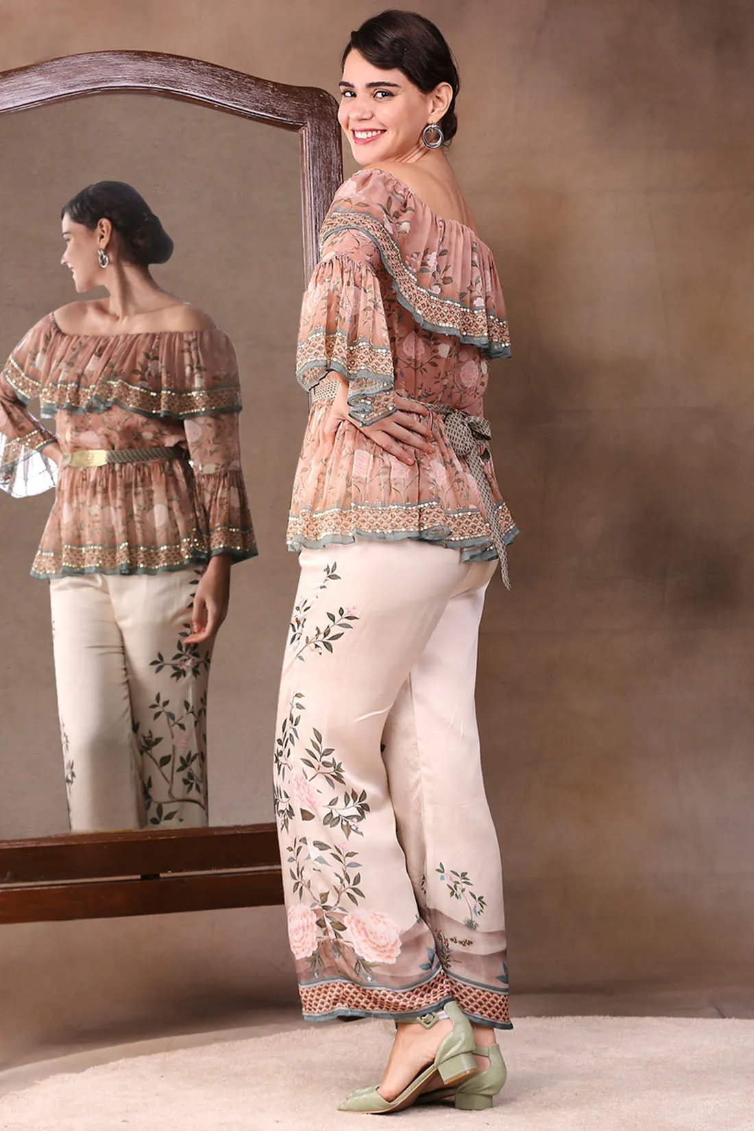 Vintage Trails Printed Off-Shoulder Embroidered Top With Flared Pants