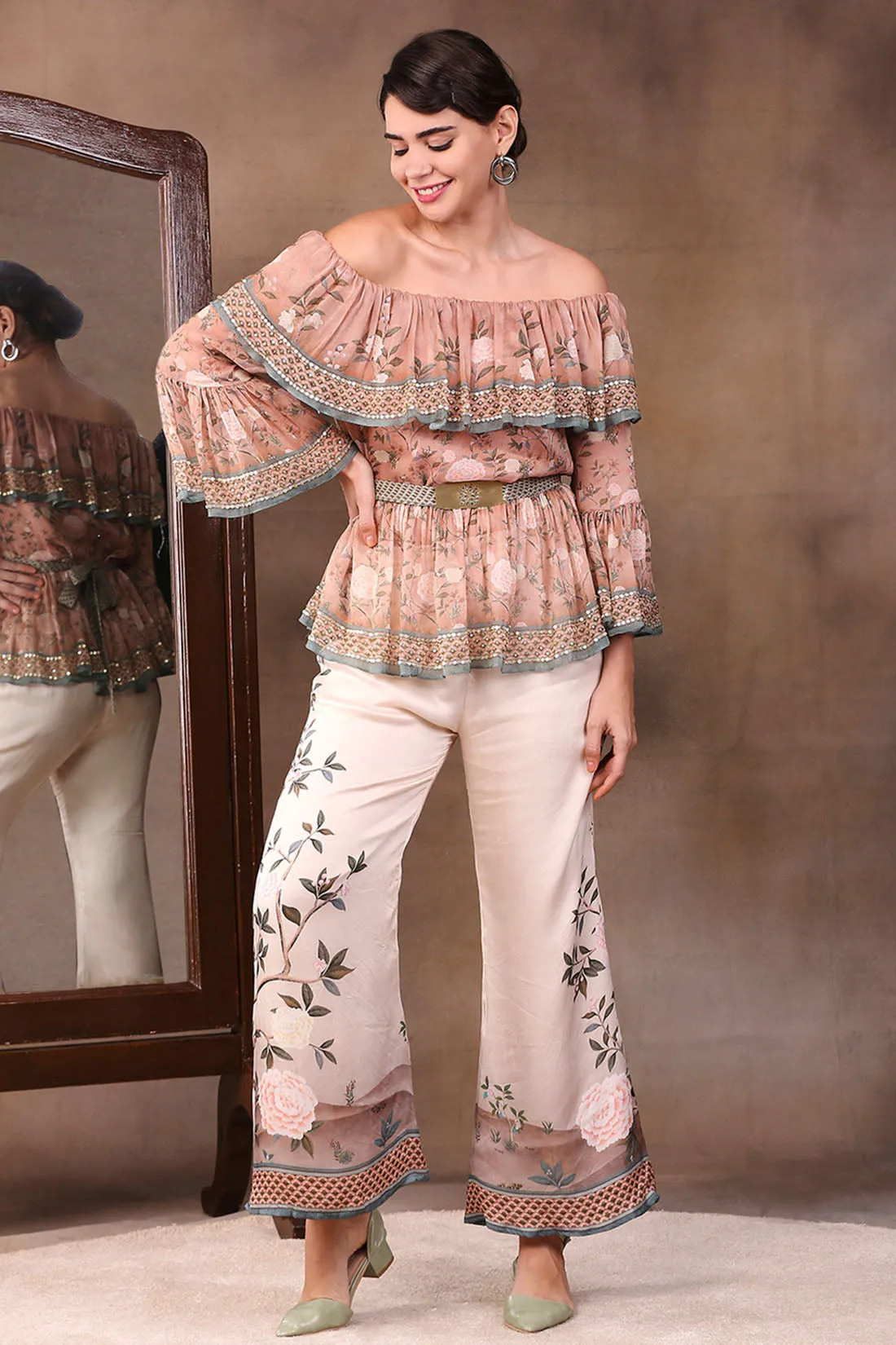 Vintage Trails Printed Off-Shoulder Embroidered Top With Flared Pants