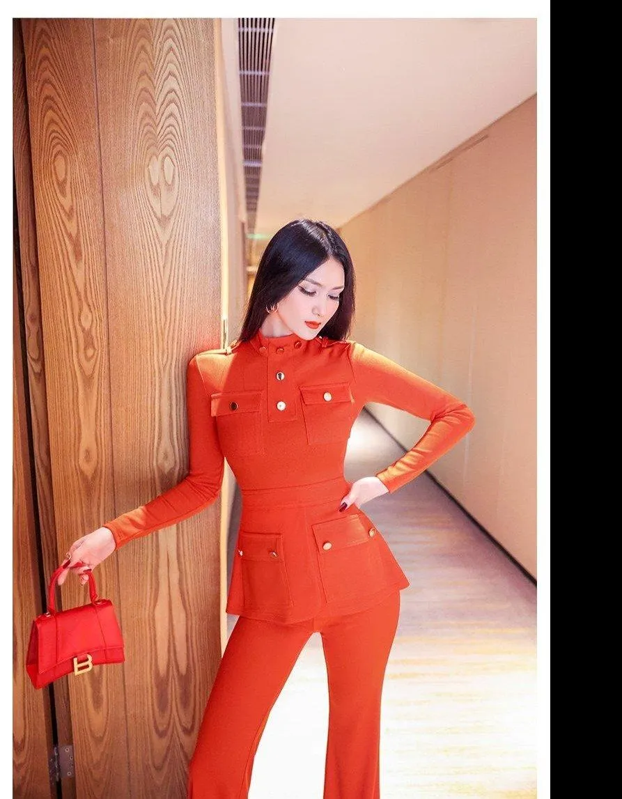 VJE military style spring suit stretch high neck blouse flared pants two-piece suit - Raisa