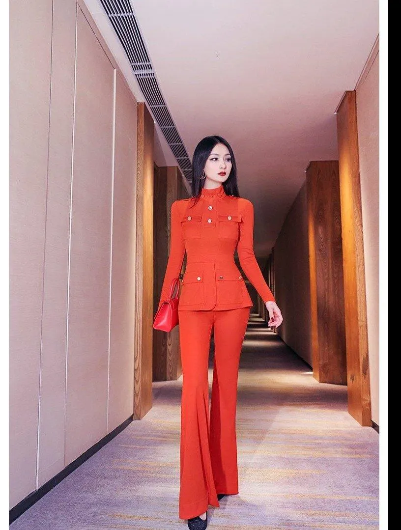 VJE military style spring suit stretch high neck blouse flared pants two-piece suit - Raisa