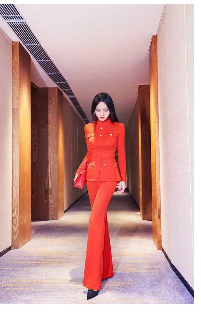 VJE military style spring suit stretch high neck blouse flared pants two-piece suit - Raisa