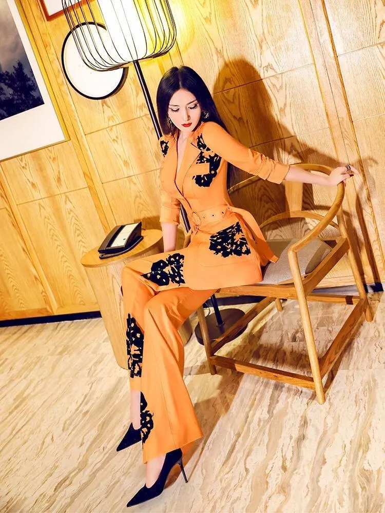 VJE Printed patch Flared Pants Two-piece pant Suit - Kio