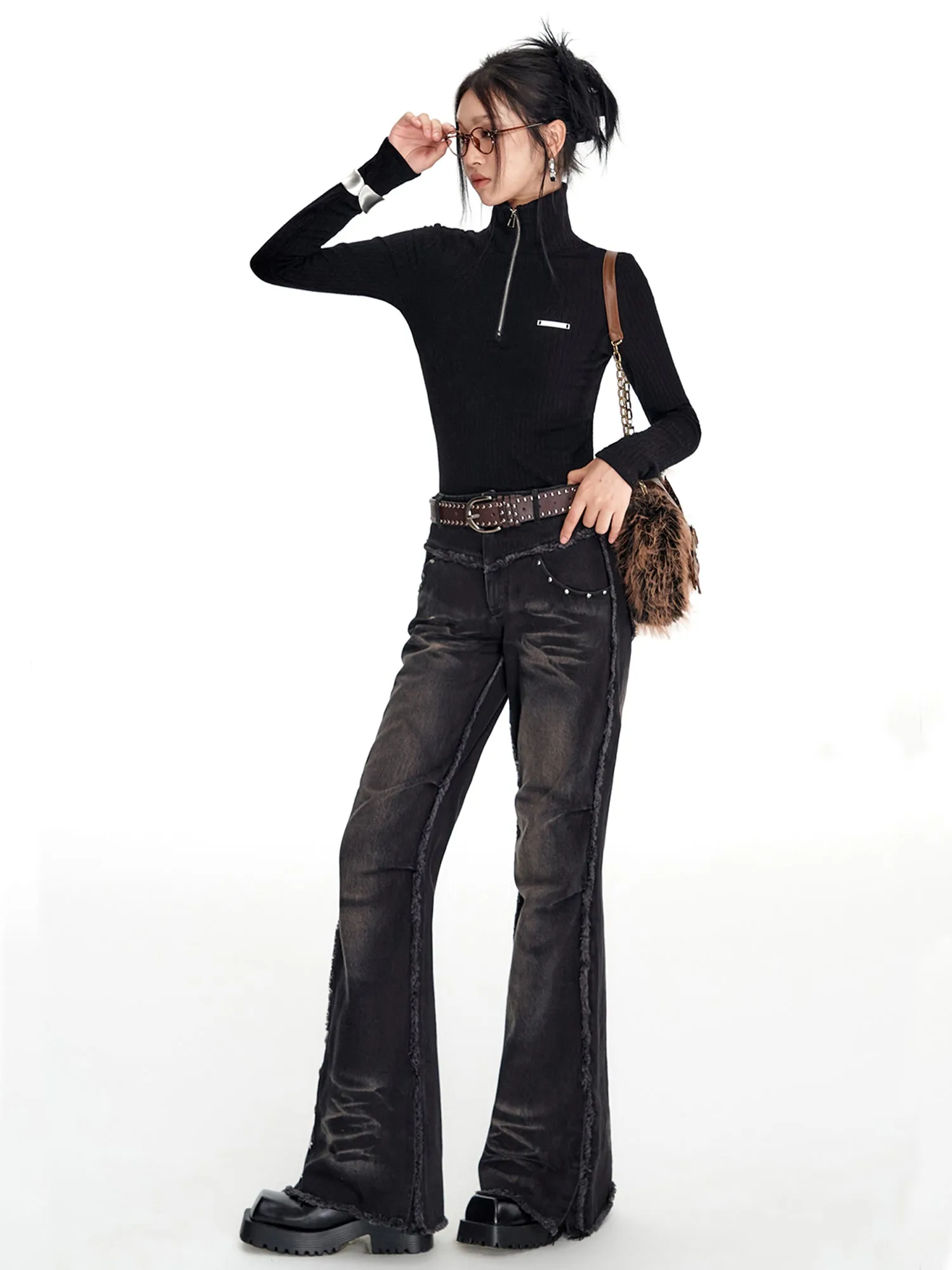 WESAME LAB BLACK RIVET FLARED JEANS