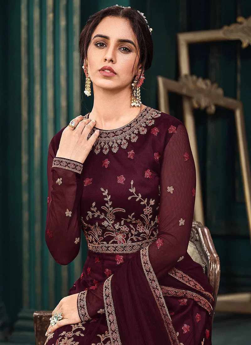 Wine Traditional Embroidered Designer Indian Anarkali Suit