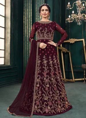 Wine Traditional Embroidered Designer Indian Anarkali Suit