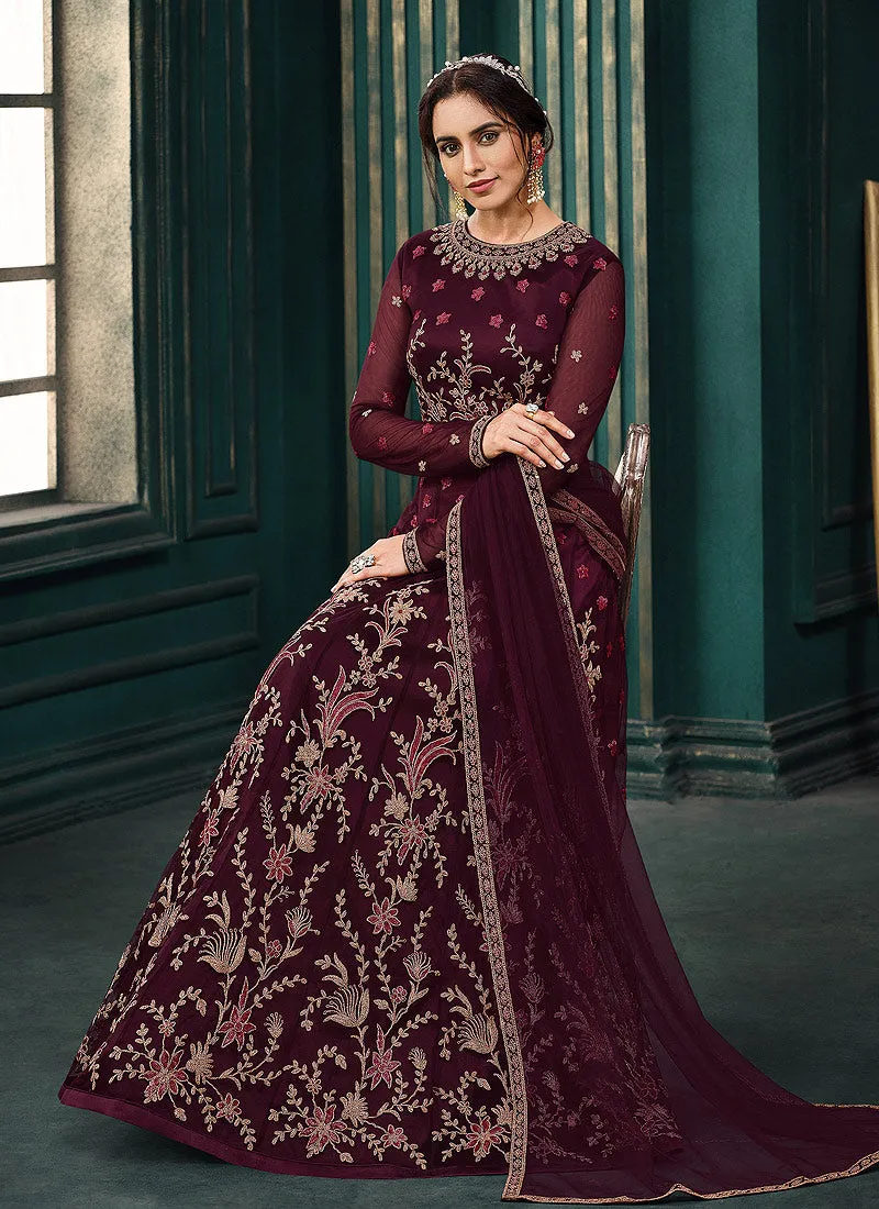 Wine Traditional Embroidered Designer Indian Anarkali Suit