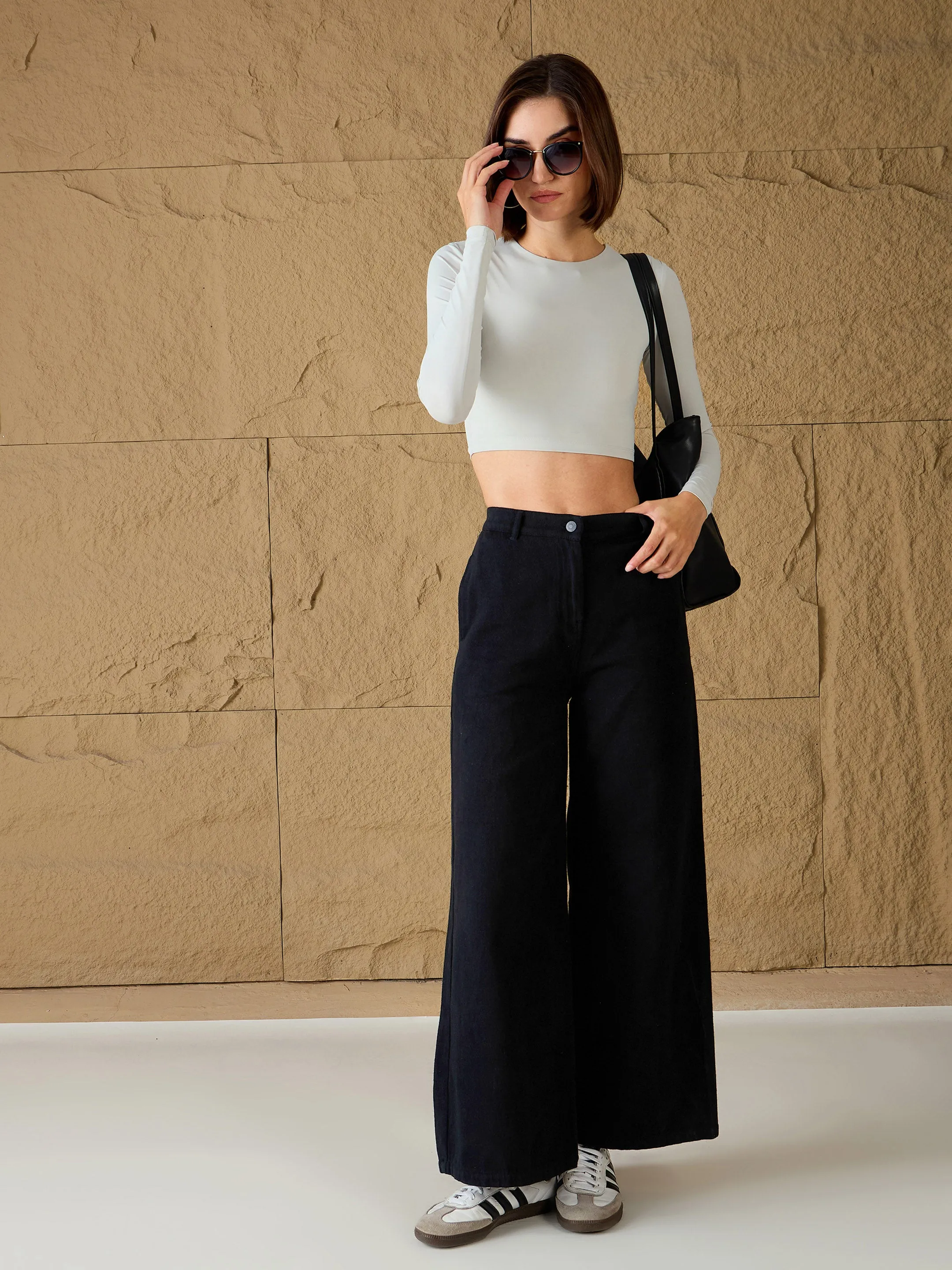 Women Black Denim Flared Pants