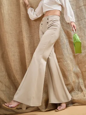 Women Light Beige Front Button Flared Bell Bottom Pants