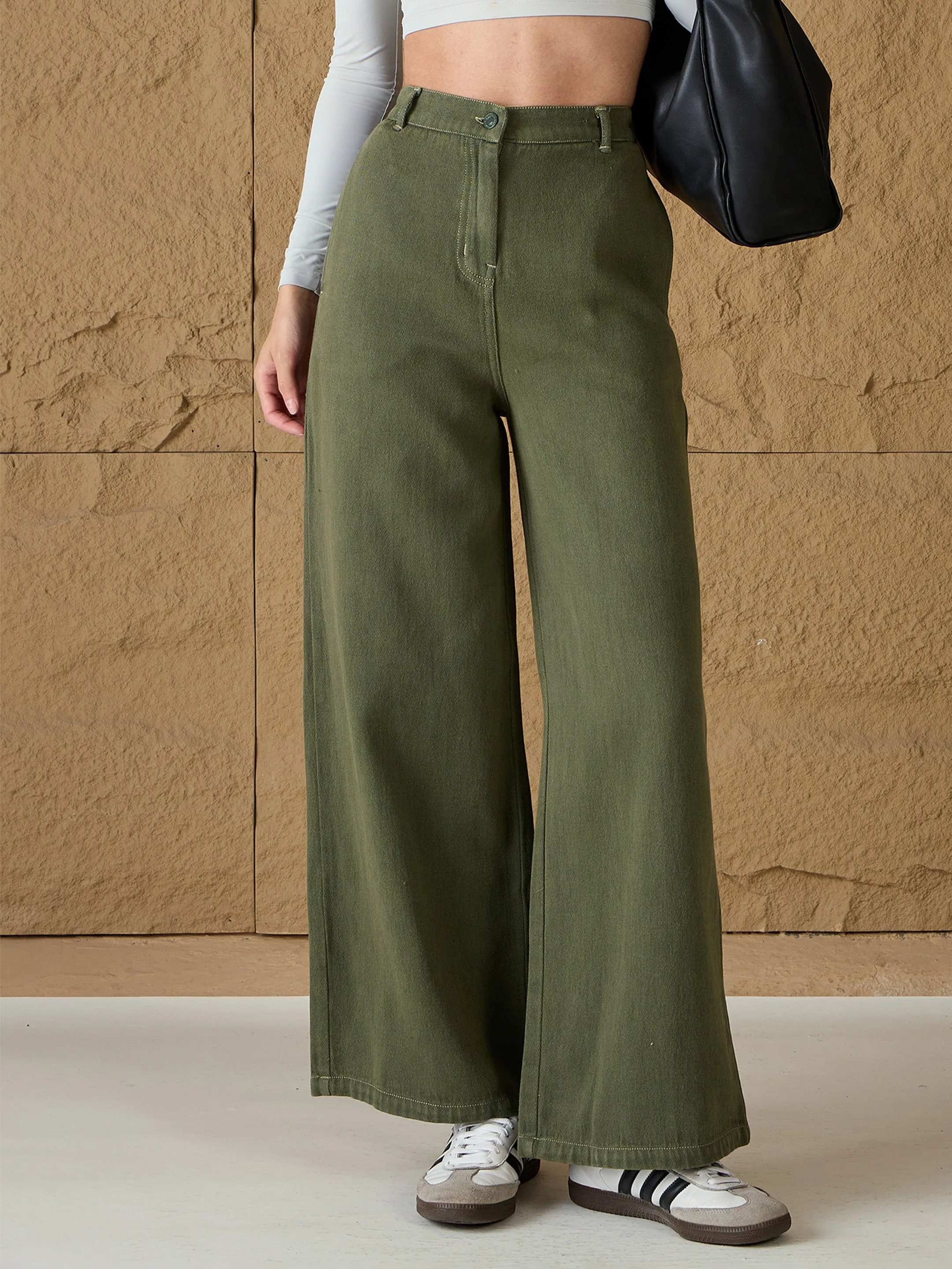 Women Olive Denim Flared Pants