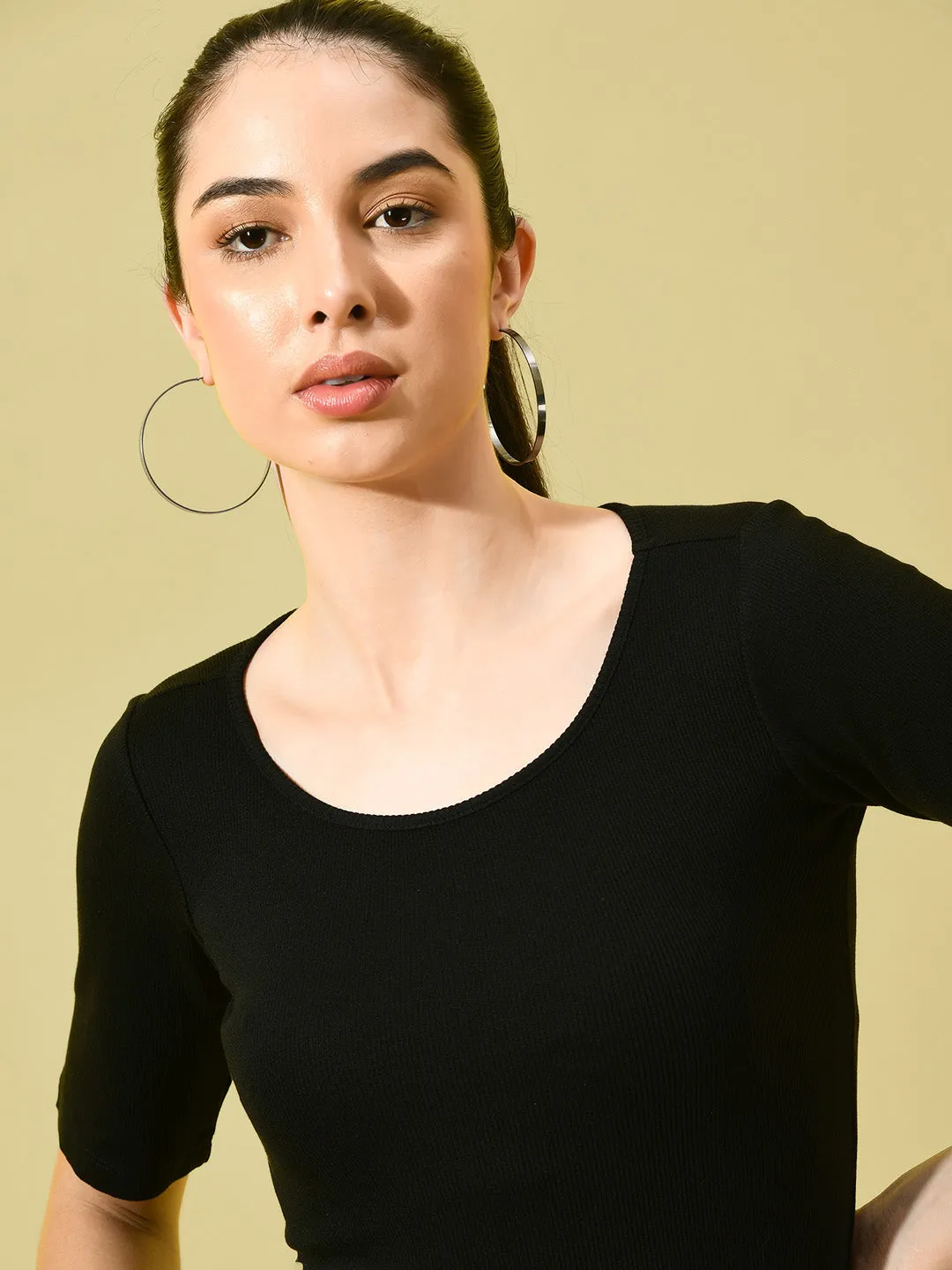 Women Scoop Neck Black Rib Top