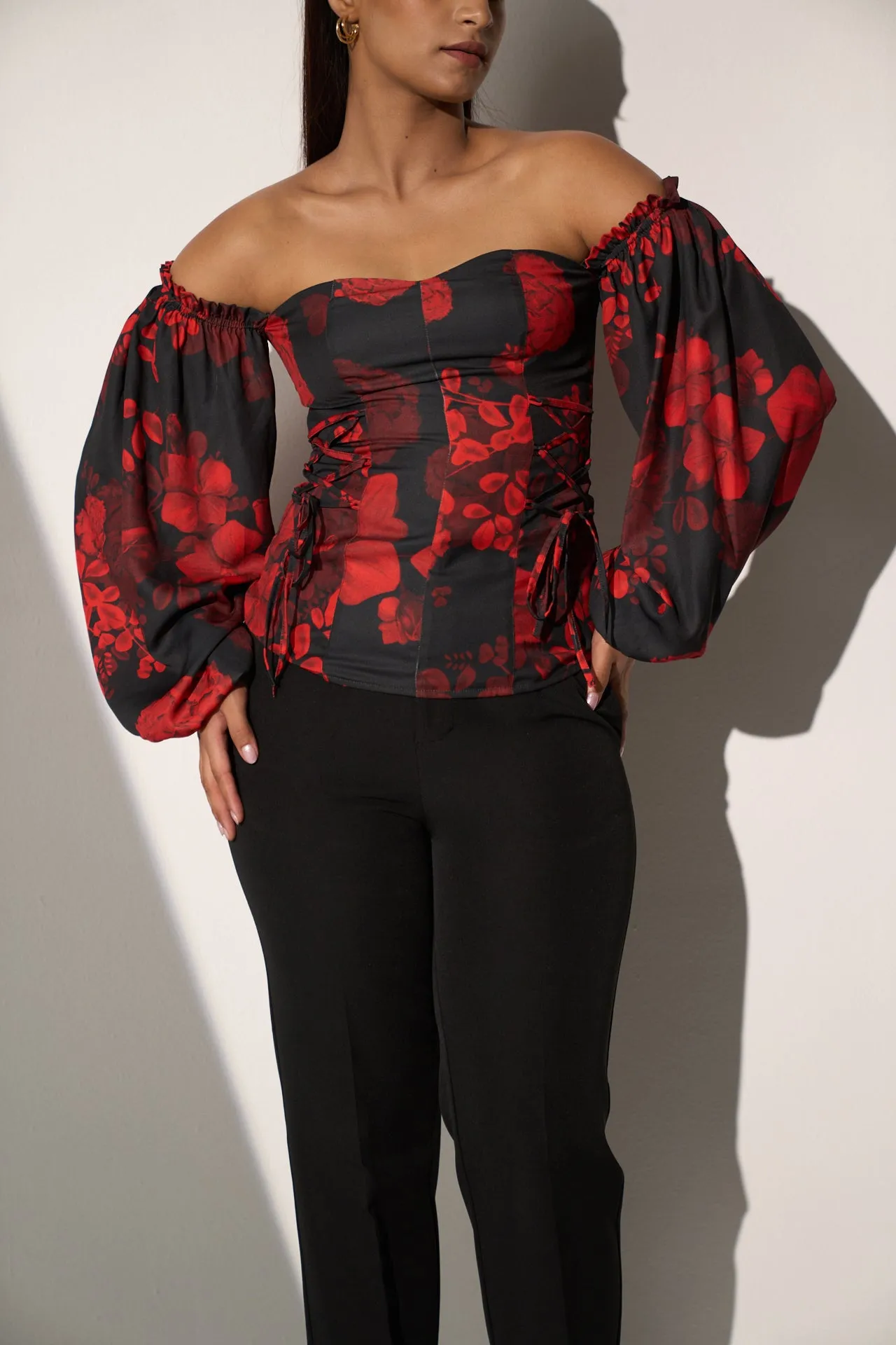 Women's Off shoulder Floral Top and Black straight pant