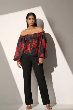 Women's Off shoulder Floral Top and Black straight pant