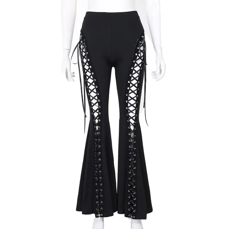 Women's Punk Eyelet Lace-up Flared Pants