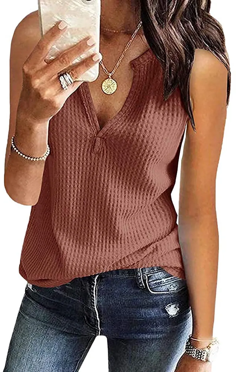 Women's V Neck Waffle Knit Henley Tops Casual Long Sleeve Pullover Sweater Blouses