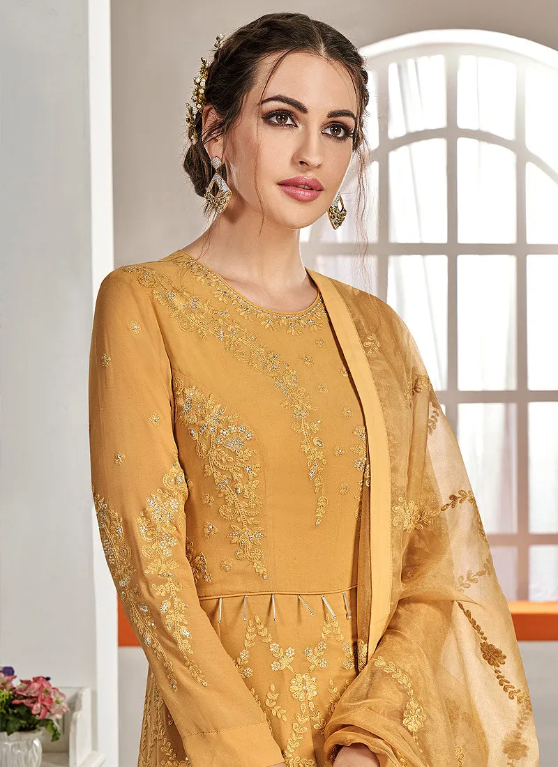 Yellow Golden Embroidered Flared Anarkali Suit